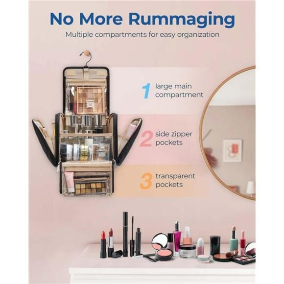 Black Hanging Makeup Bag Travel Organizer Large Cosmetic Toiletry Case Women - Picture 2 of 7